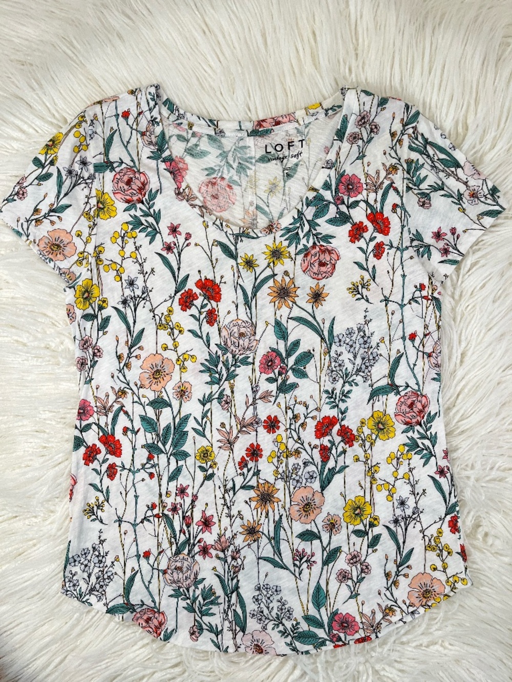LOFT "Vintage soft V-neck, short sleeve shirt in floral" NWOT